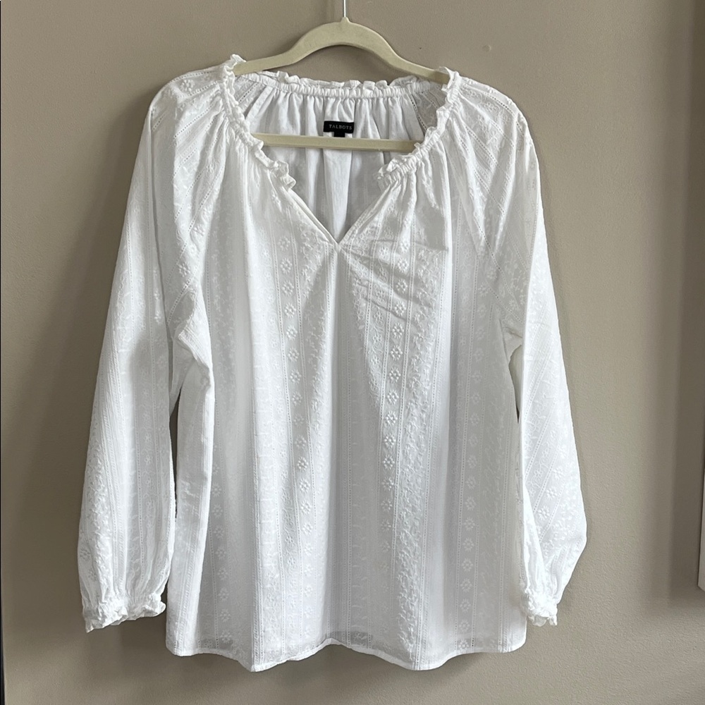 Talbots white long sleeve embroidered peasant ruffled collar blouse size XL